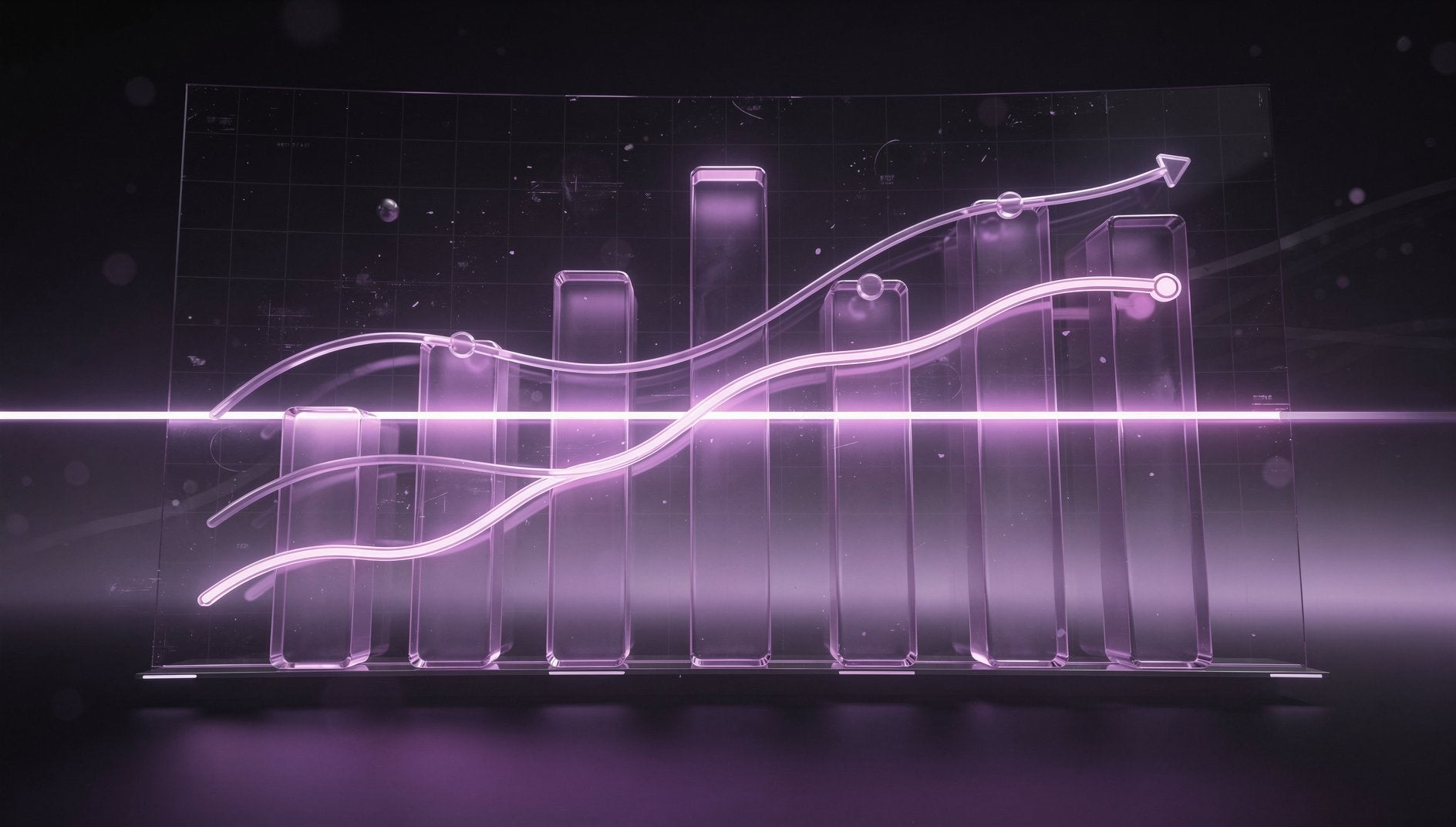Lila 3D-Datenvergleichs-Chart mit Trendlinien über und unter dem Benchmark-Wert