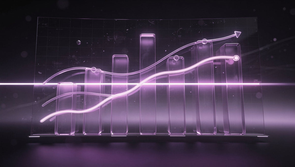 Lila 3D-Datenvergleichs-Chart mit Trendlinien über und unter dem Benchmark-Wert