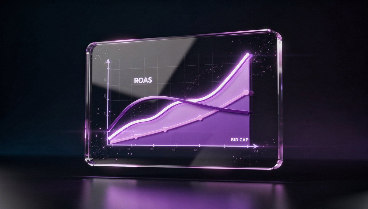 Lila 3D-Profit-Chart mit hervorgehobener Bid-Cap-Linie und aufsteigender ROAS-Kurve