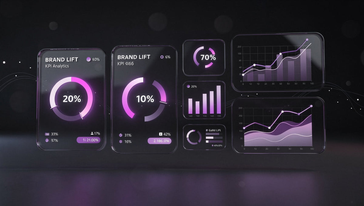 Lila 3D-Dashboard mit Brand-Lift-KPI-Karten und steigenden Prozentwerten
