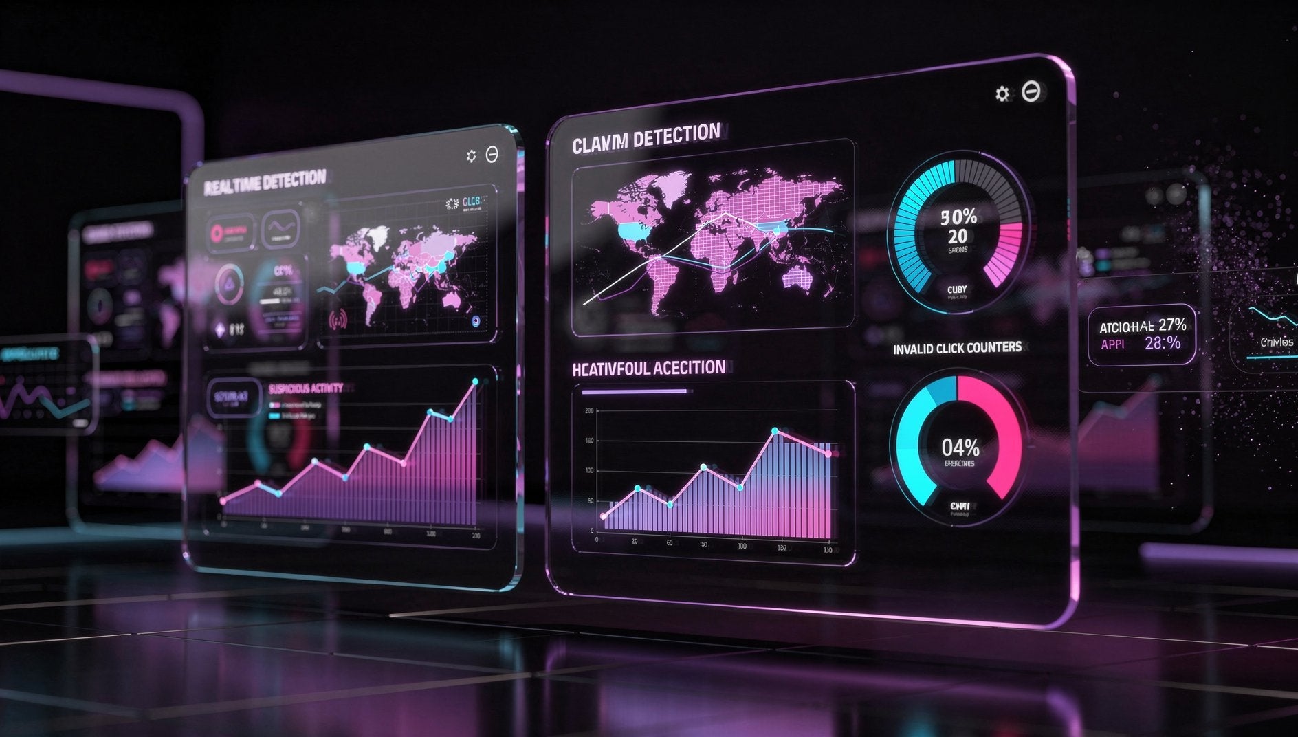 Lila 3D-Click-Fraud-Monitoring-Dashboard mit Echtzeit-Erkennungsgraphen