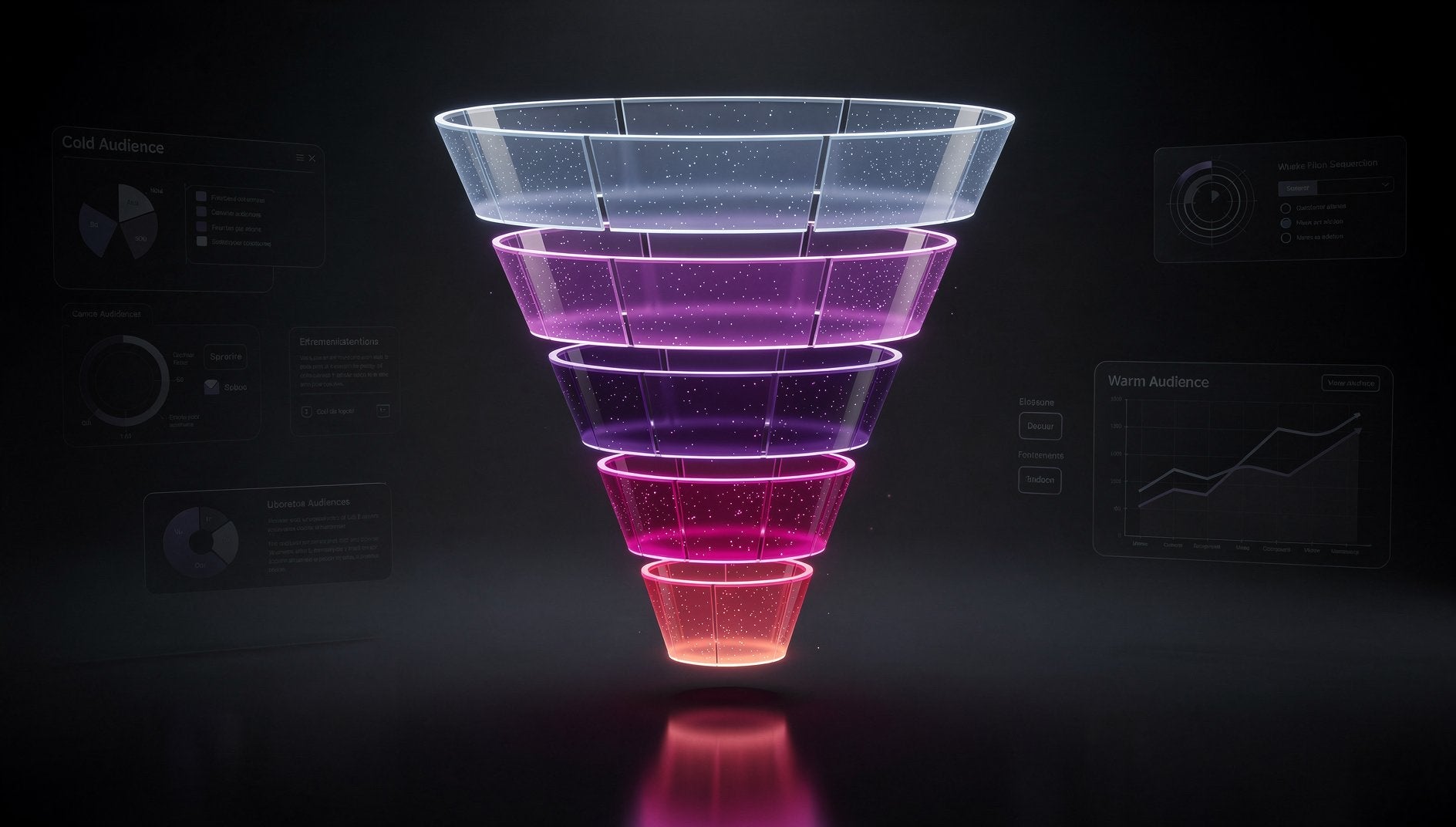 Lila 3D-Funnel-Sequencing von Cold zu Warm Audience in holografischen Stufen