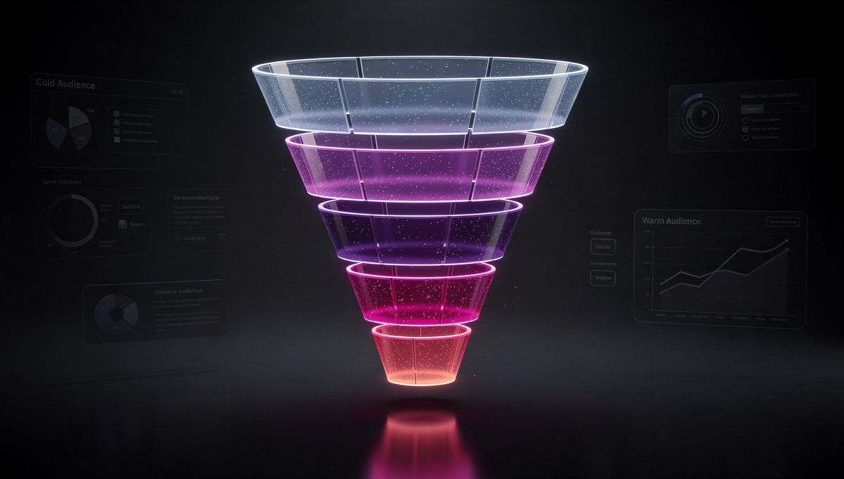 Lila 3D-Funnel-Sequencing von Cold zu Warm Audience in holografischen Stufen