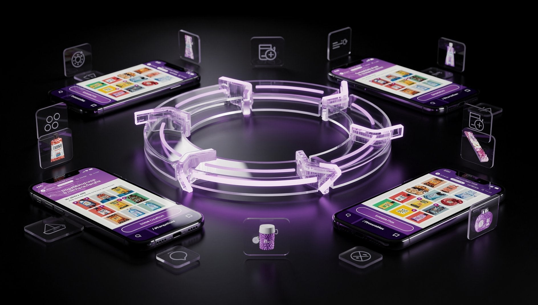 Lila 3D-Retargeting-Loop-Diagramm mit Collection Ad Touchpoints auf schwarzem Hintergrund