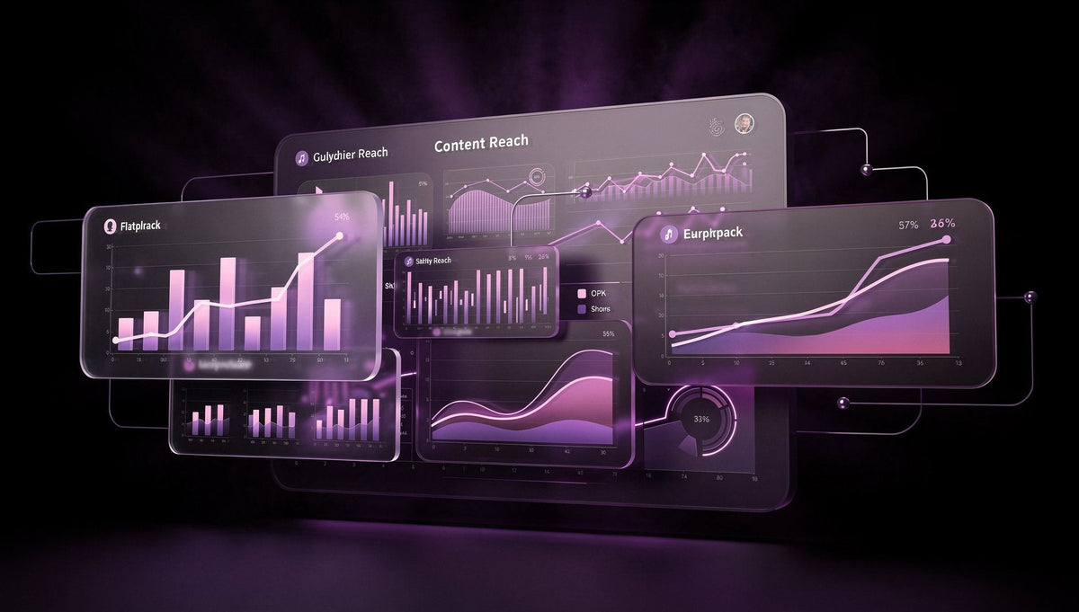 Lila 3D-Analytics-Dashboard zeigt Content-Reichweite und Metriken ueber mehrere Kanaele