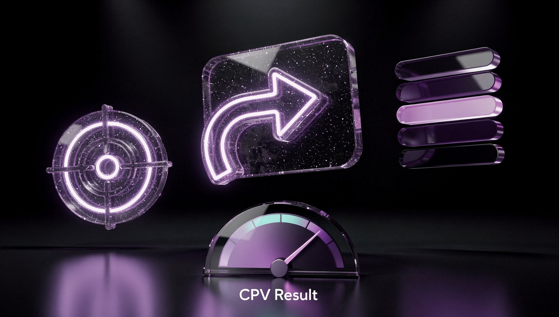 Lila 3D-Video-Ad-Optimierungsschema mit Hook Targeting Format und CPV-Ergebnis