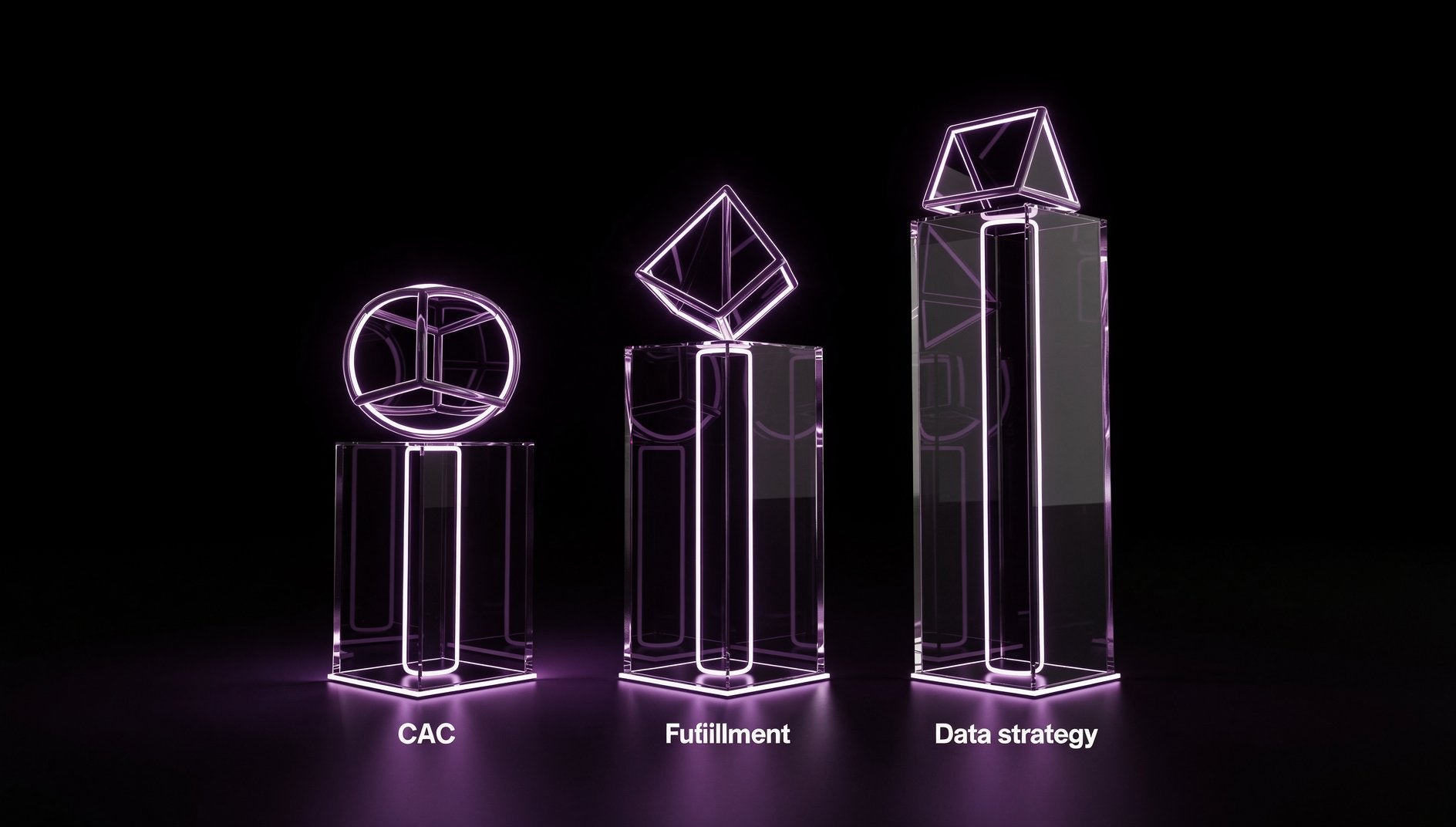Lila 3D-D2C-Herausforderungen-Diagramm mit CAC Fulfillment und Datenstrategie