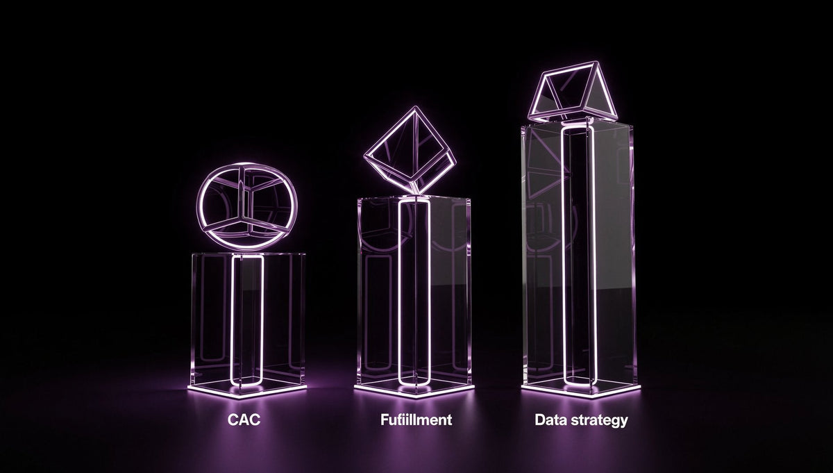 Lila 3D-D2C-Herausforderungen-Diagramm mit CAC Fulfillment und Datenstrategie