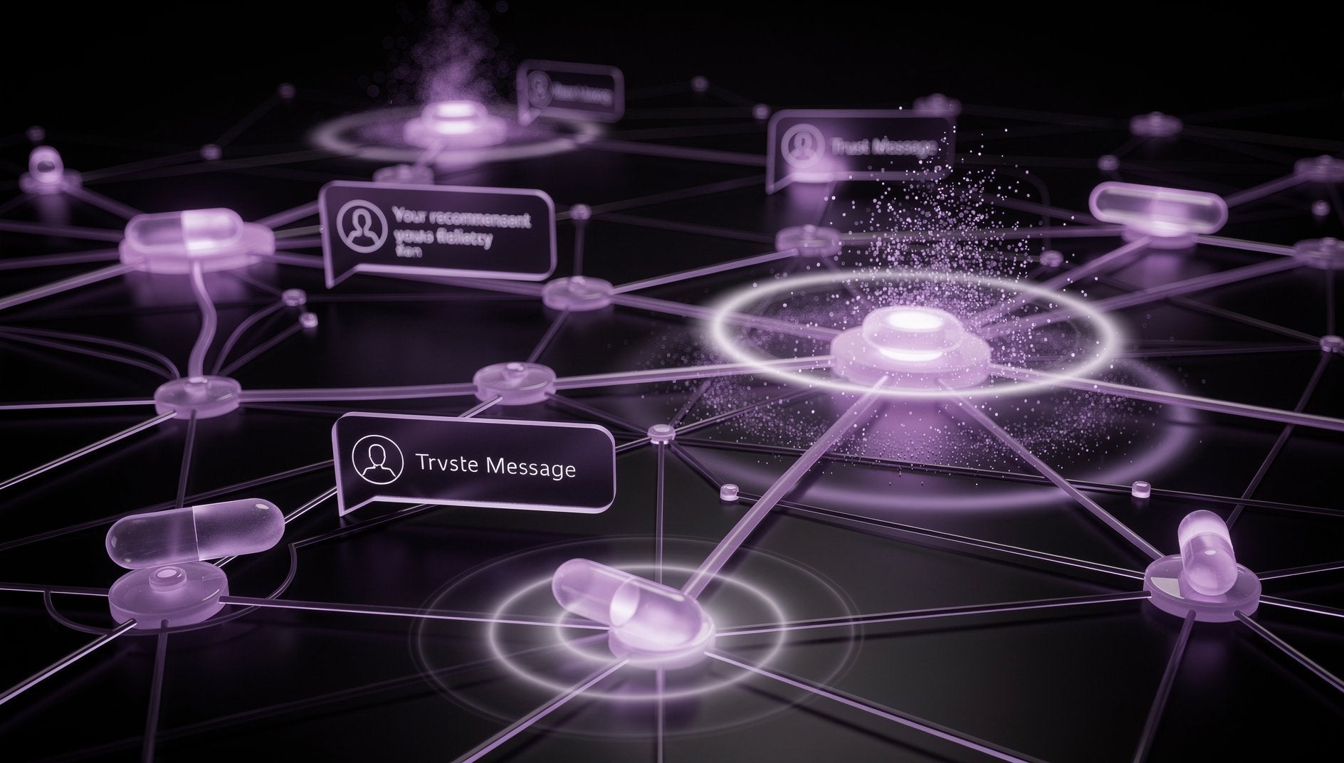 Lila 3D-Empfehlungsnetzwerk mit privaten Nachrichten-Threads als Dark Social Strategie