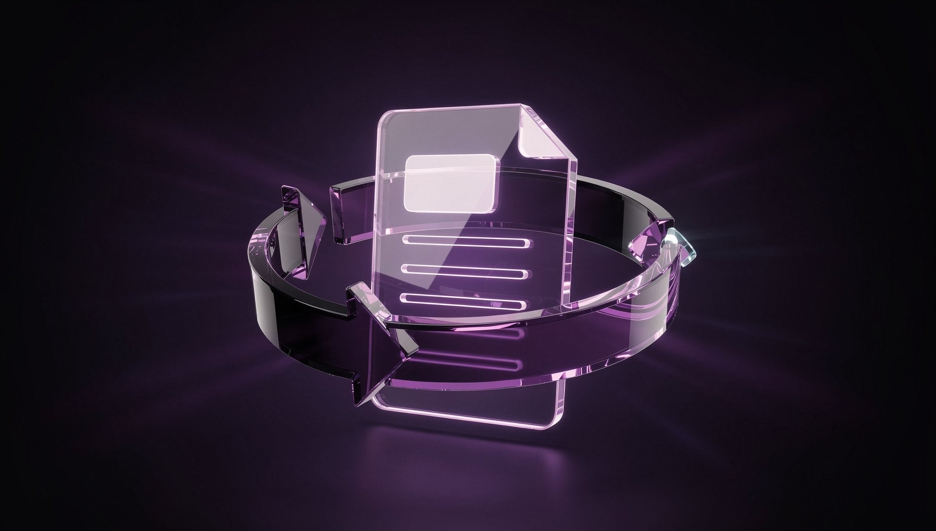 Lila 3D-Refresh-Zyklus mit rotierendem Pfeil um leuchtendes Content-Dokument für Content-Aktualisierung