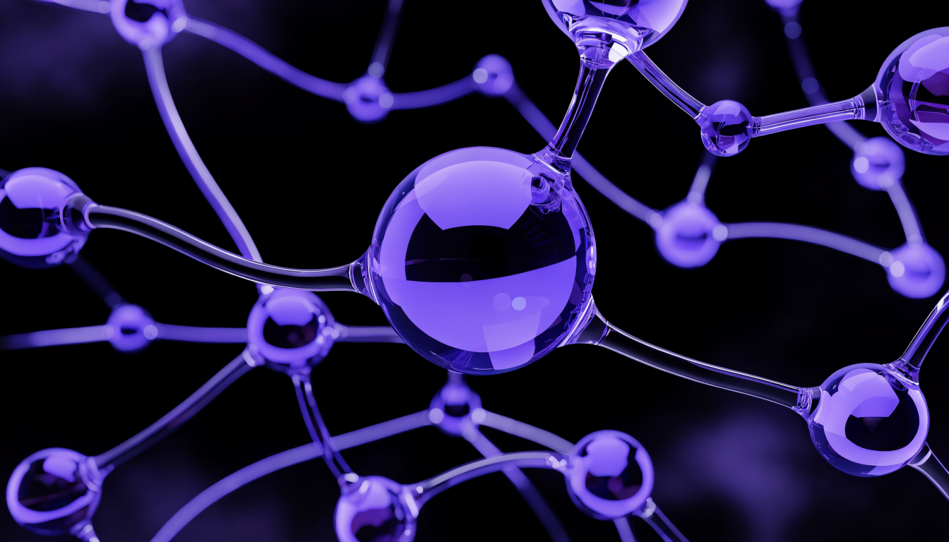 Lila Glas-Netzwerk aus verbundenen Knoten als Symbol für Datenfluss zwischen SEO und Ads