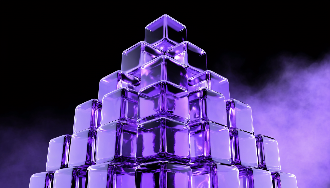 Lila-Glas Bausteine die zu einer Pyramide gestapelt sind als Symbol für strategischen Linkaufbau