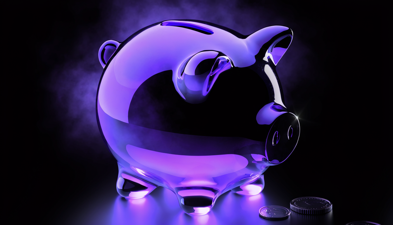 Lila-Glas Sparschwein als Symbol fuer das Gehalt eines Social Media Managers
