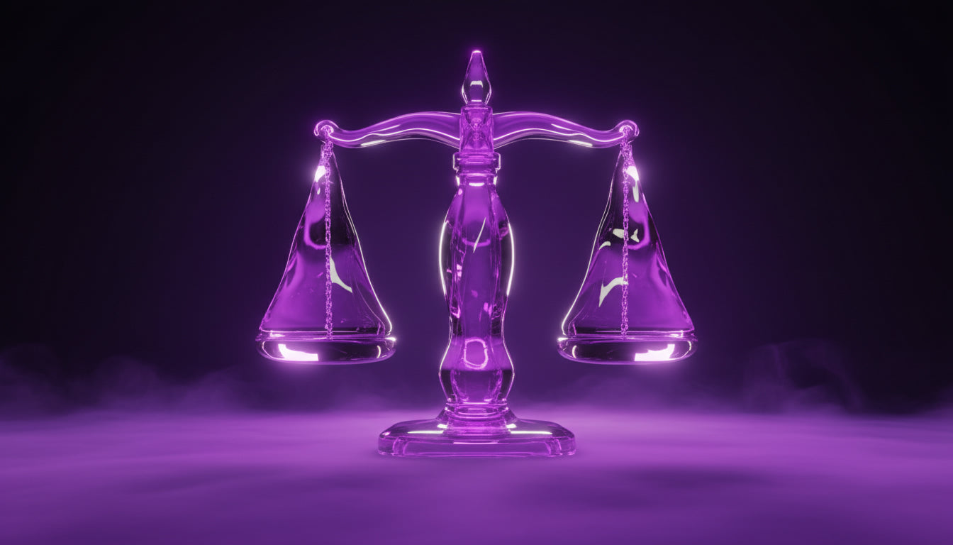 Lila-Glas-Waage als Symbol für die Balance zwischen Markenversprechen und gelebter Realität