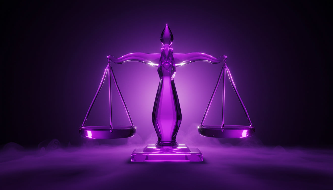 Lila-Glas Waage als Symbol für das Gleichgewicht zwischen Aufpreis und echtem Kundennutzen
