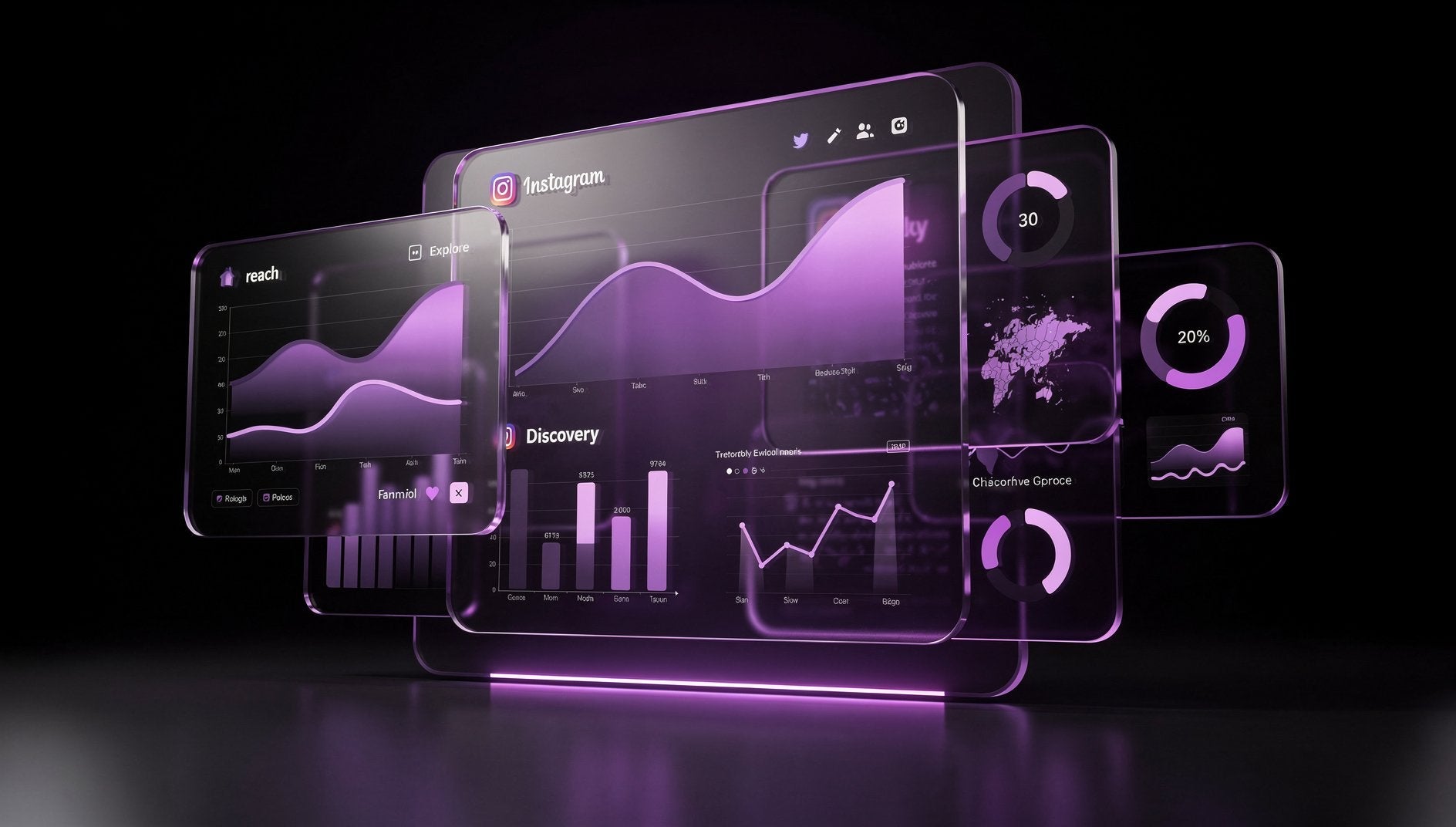 Lila 3D-Analytics-Dashboard zeigt Instagram Explore Insights mit Reichweiten-Graphen