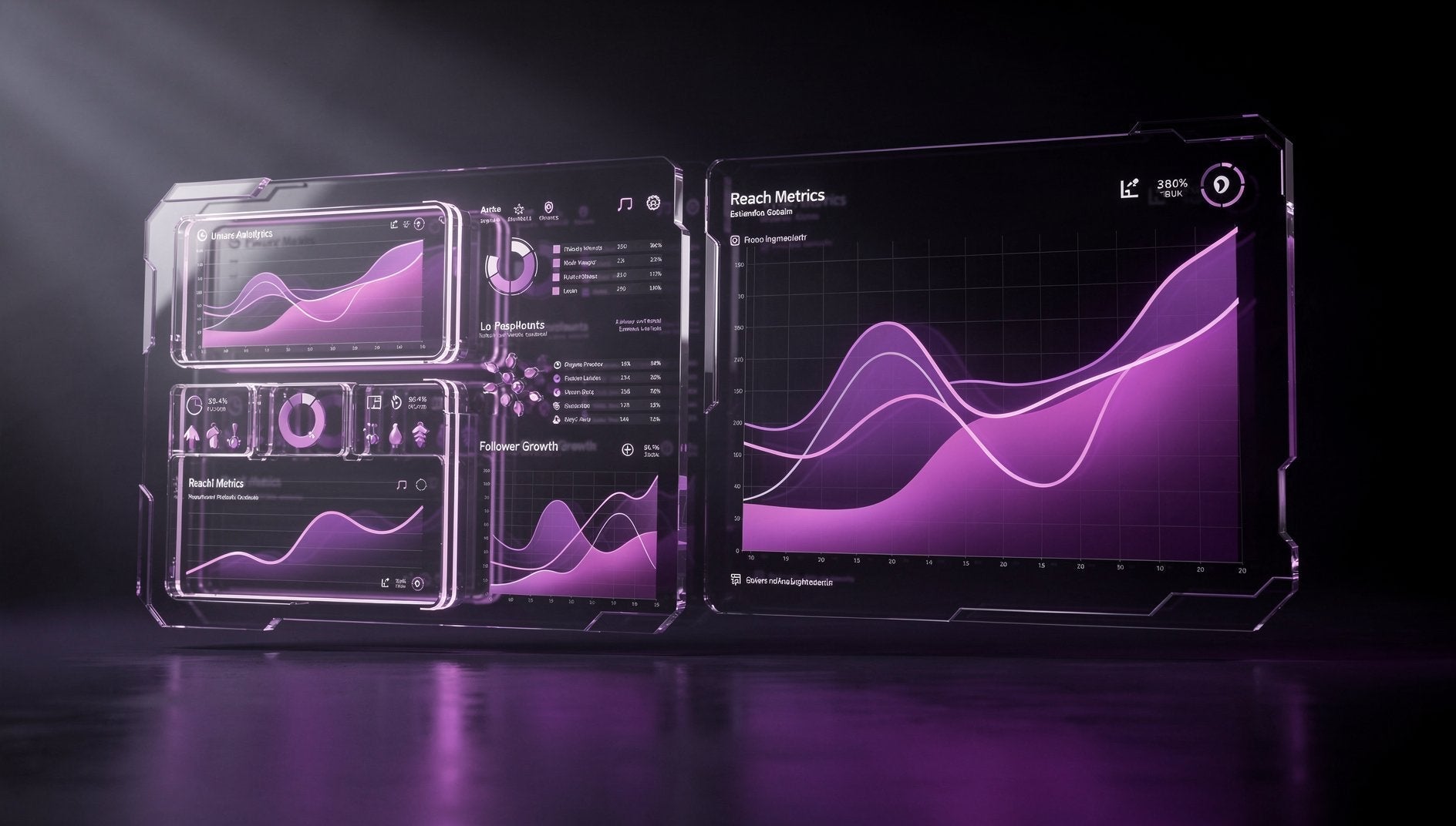 Lila 3D-Analytics-Dashboard mit Organic Reach Metriken und Wachstumskurven