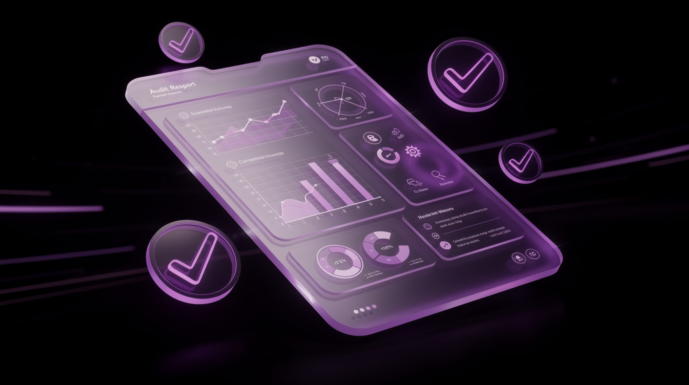 Audit-Report mit lila Checkmarks und Daten-Insights