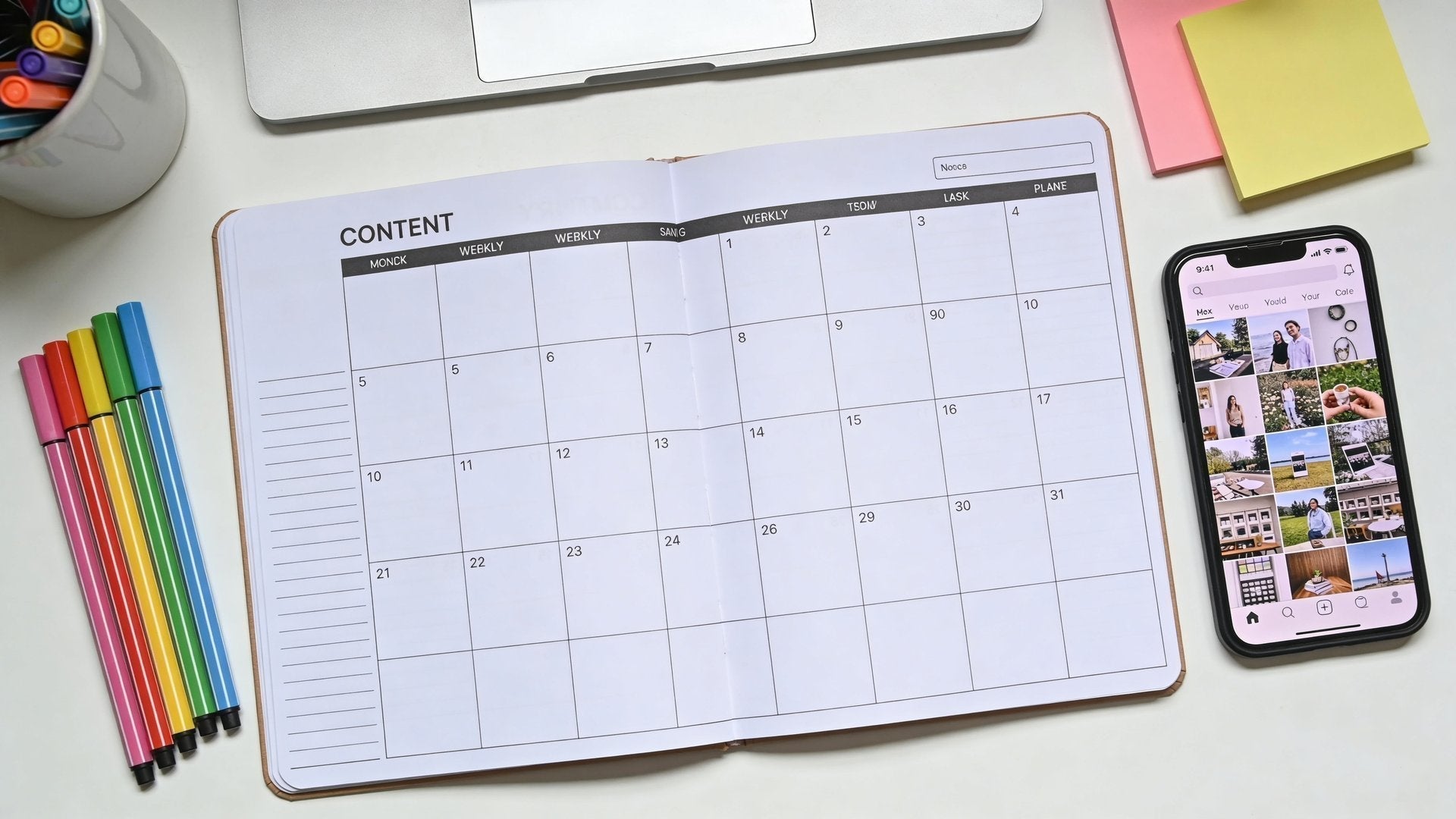 Content Planner und Smartphone für Instagram Posting-Frequenz