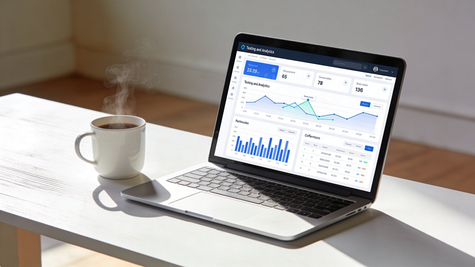 A/B-Testing Analytics Dashboard auf Laptop in modernem Workspace