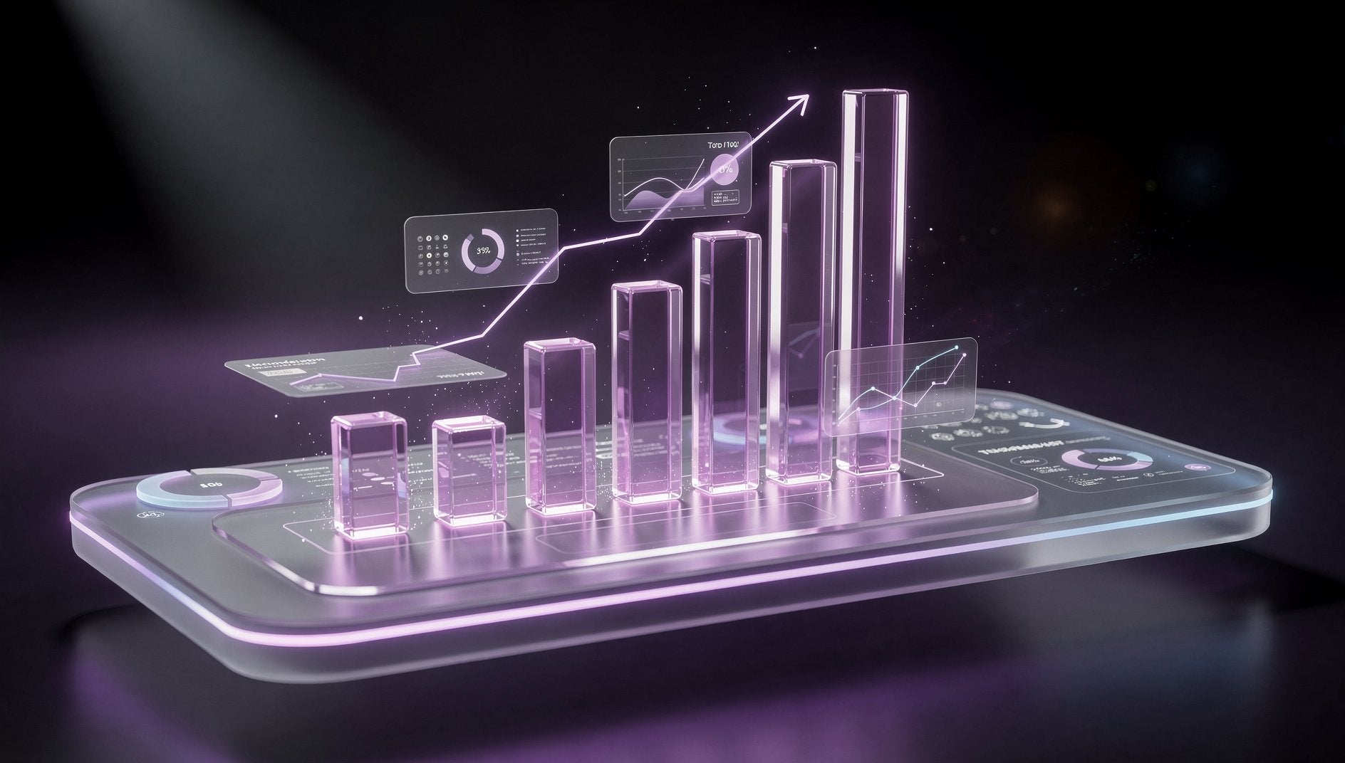 Lila 3D-Performance-Optimierungschart mit aufsteigenden Balken und Glas-Morphism