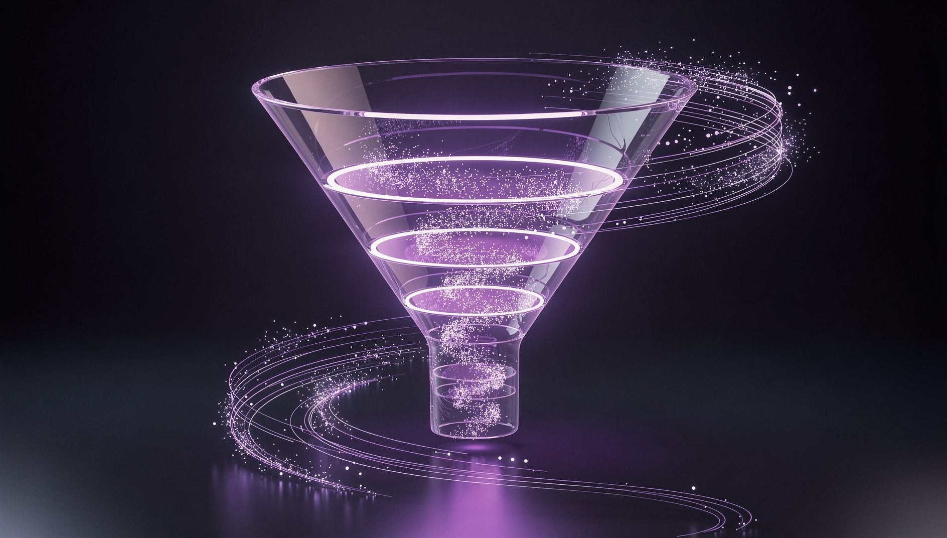 Lila 3D-B2B-Lead-Pipeline mit glühenden Funnel-Stufen auf dunklem Hintergrund