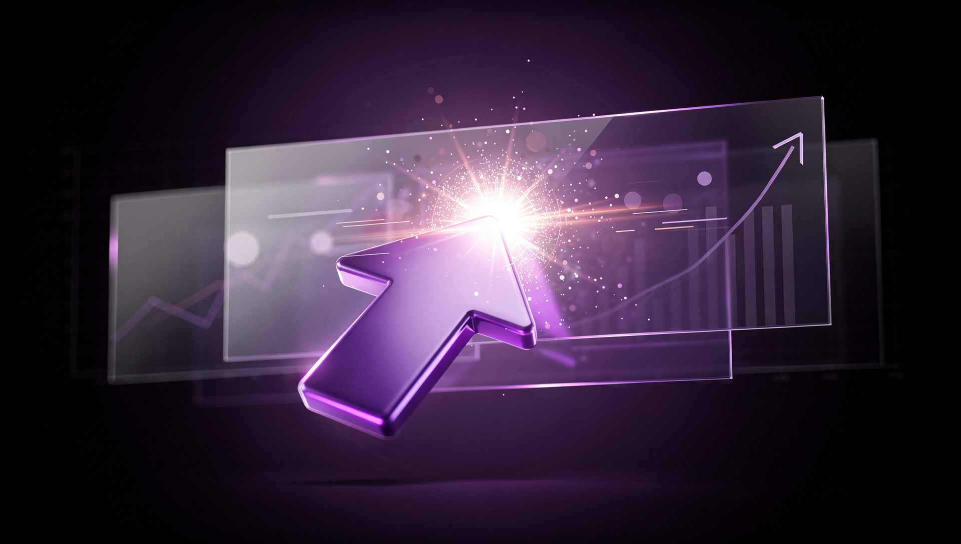 Click-Through-Rate als Performance-Marketing-Kennzahl visualisiert mit leuchtendem Cursor und Werbebanner