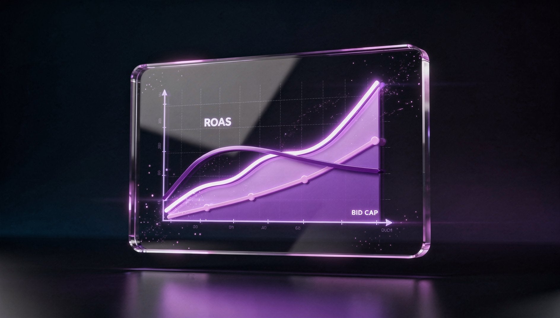 Lila 3D-Profit-Chart mit hervorgehobener Bid-Cap-Linie und aufsteigender ROAS-Kurve