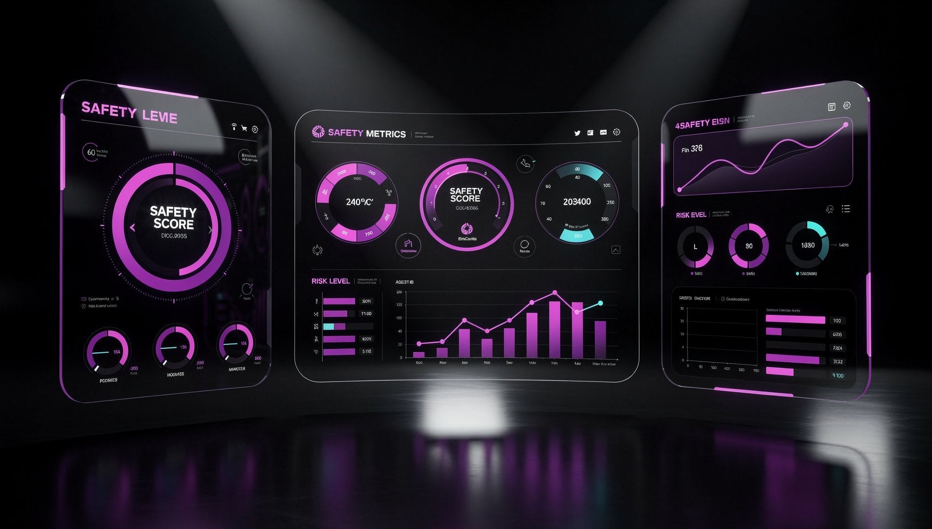 Lila 3D-Brand-Safety-Dashboard mit glühenden Sicherheitsmessern und Risikoanzeigen