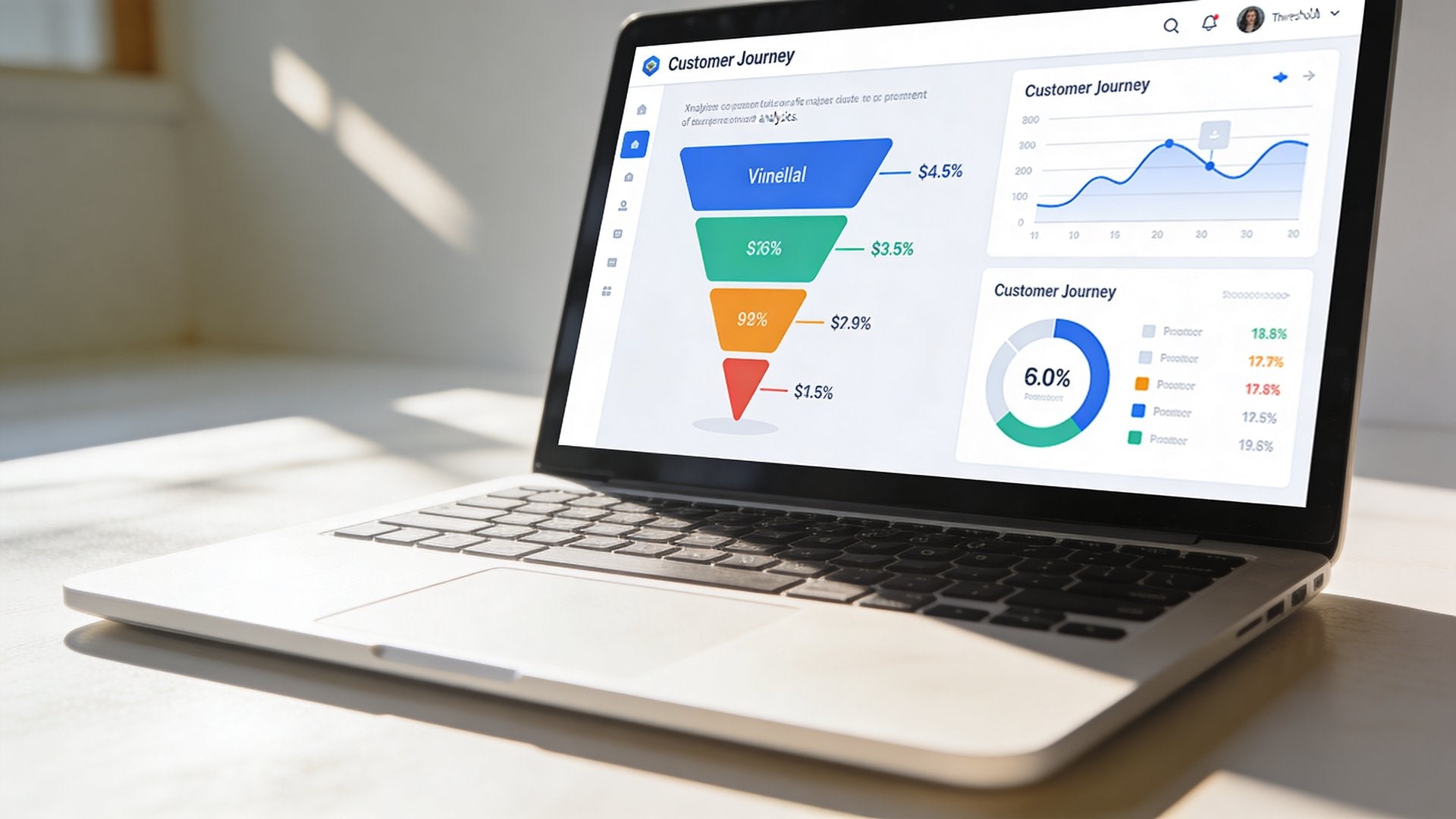 Customer Journey Funnel auf Laptop-Bildschirm in modernem Büro