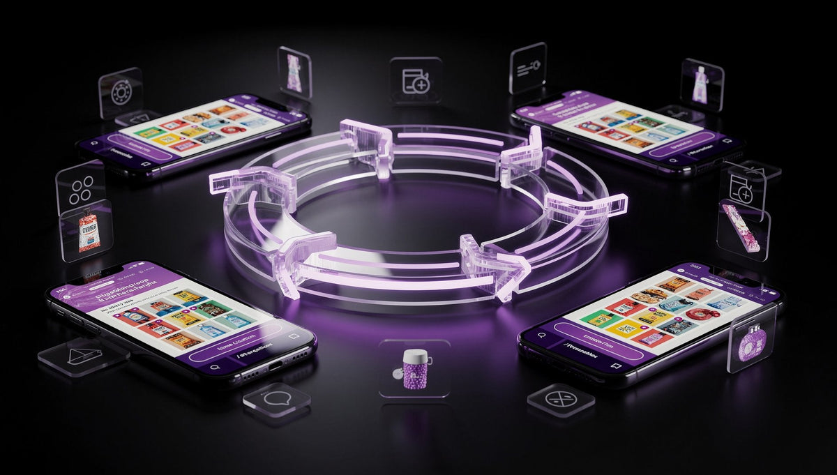 Lila 3D-Retargeting-Loop-Diagramm mit Collection Ad Touchpoints auf schwarzem Hintergrund