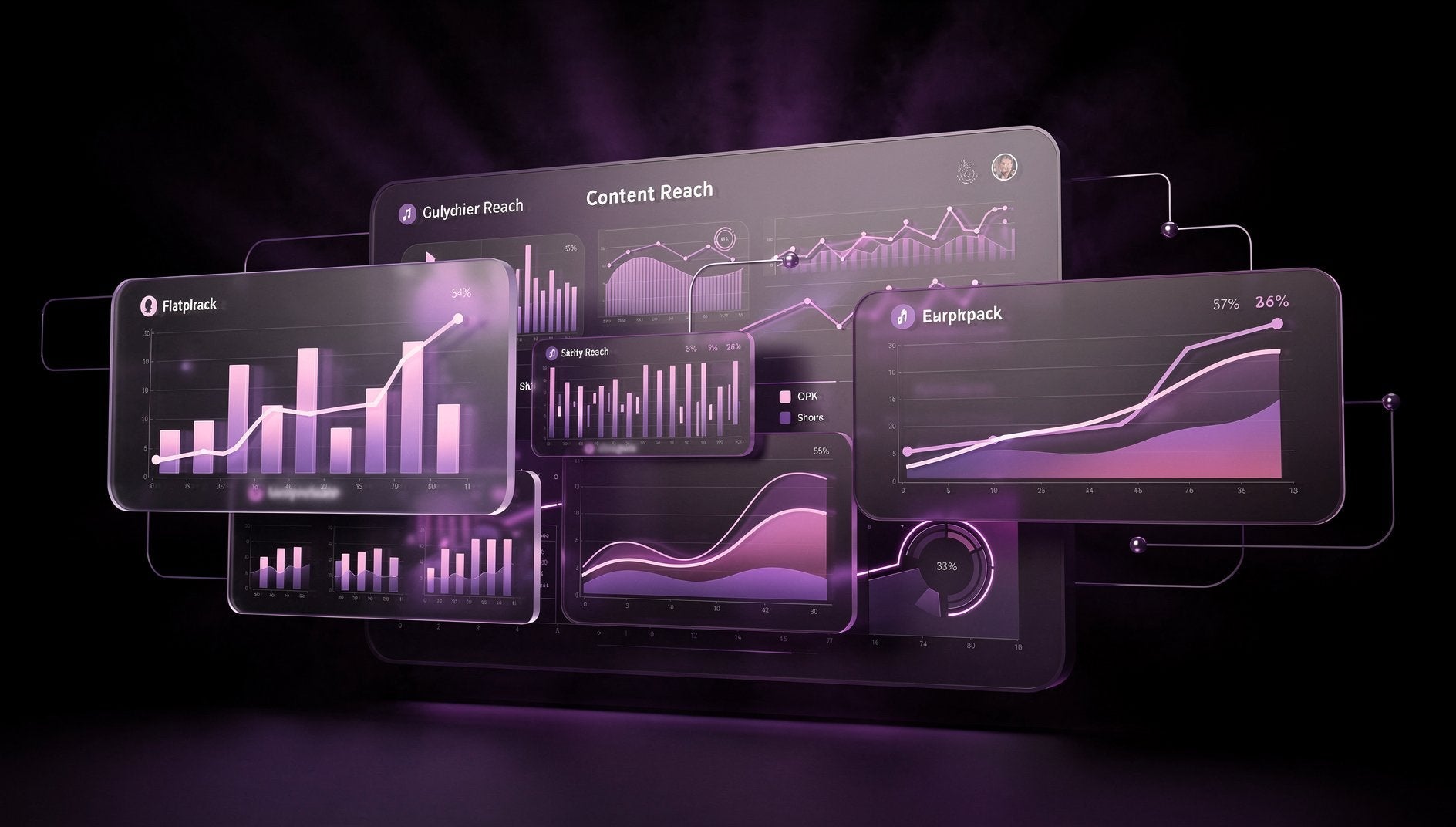 Lila 3D-Analytics-Dashboard zeigt Content-Reichweite und Metriken ueber mehrere Kanaele
