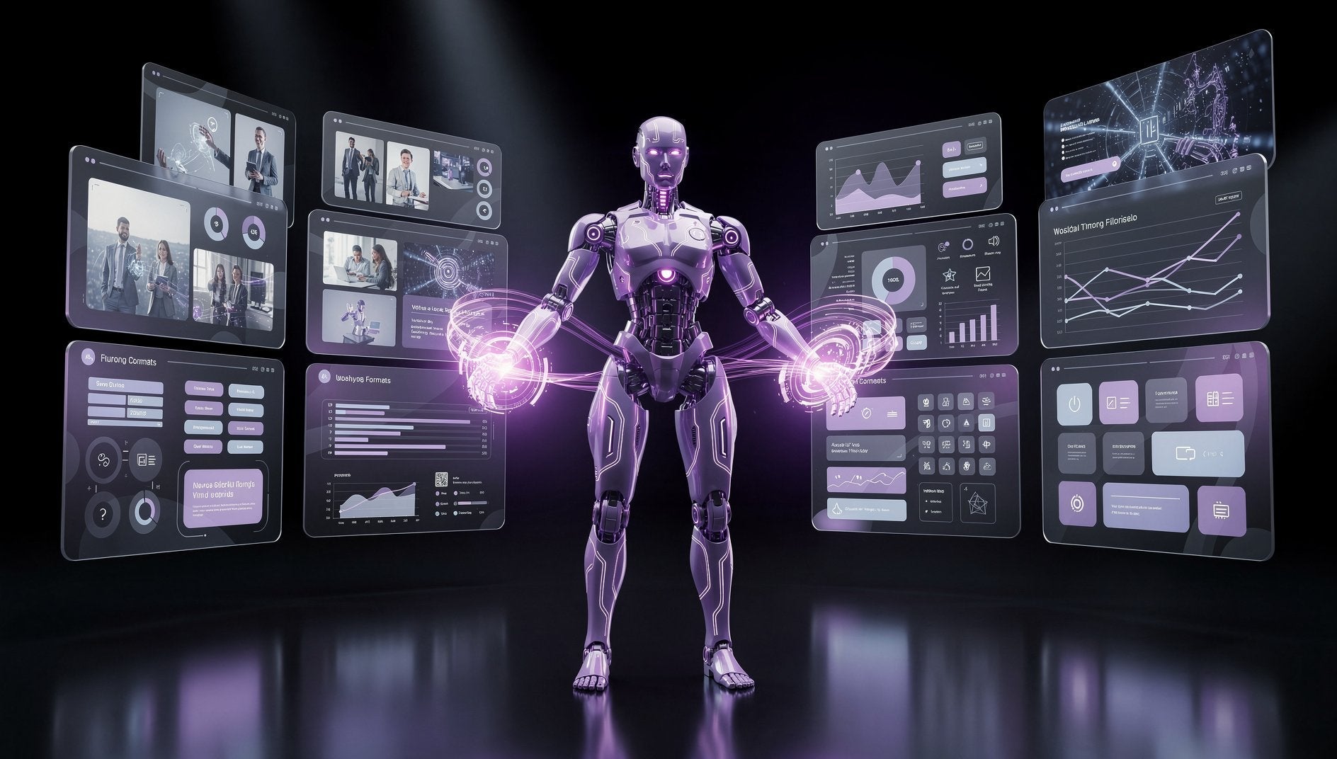Lila 3D-KI-Roboter unterstuetzt Content-Repurposing-Workflow mit holografischen Ausgabe-Screens