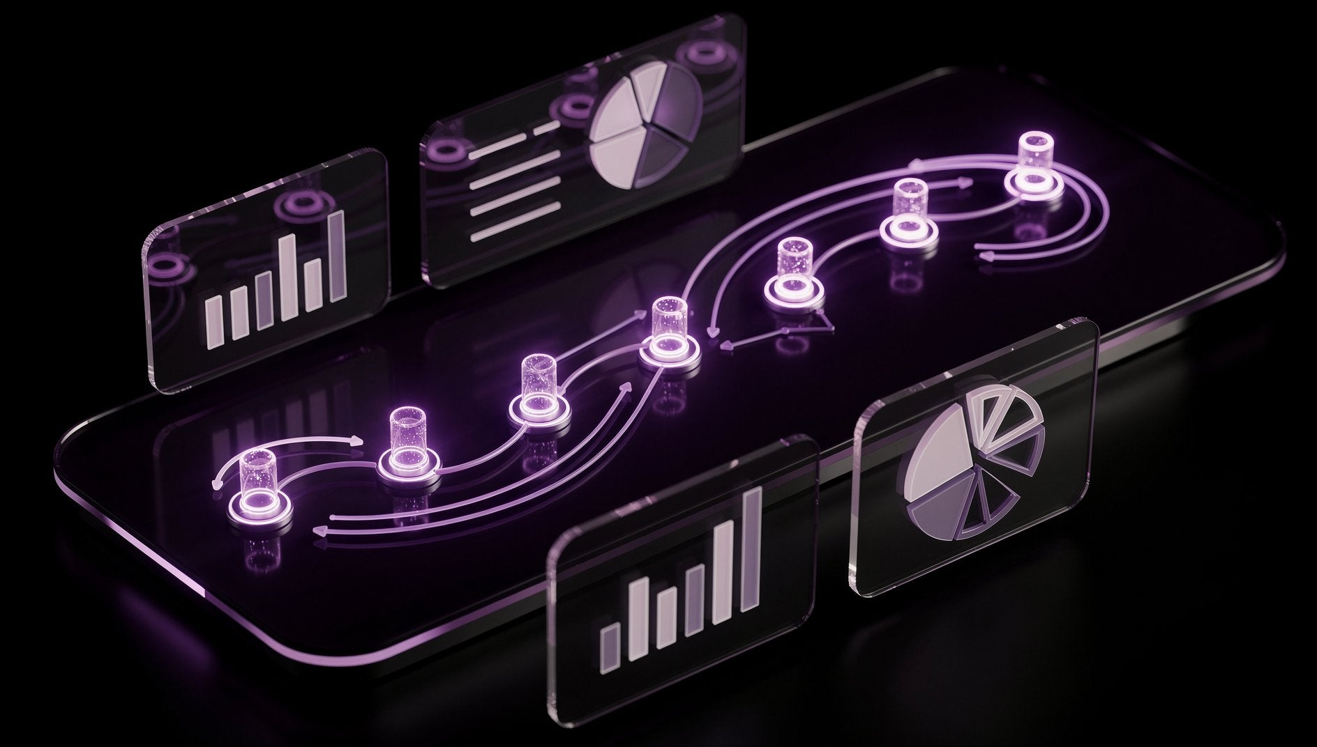 Lila 3D-Multi-Channel-Attributionsmodell mit leuchtenden Touchpoint-Nodes entlang der Customer Journey