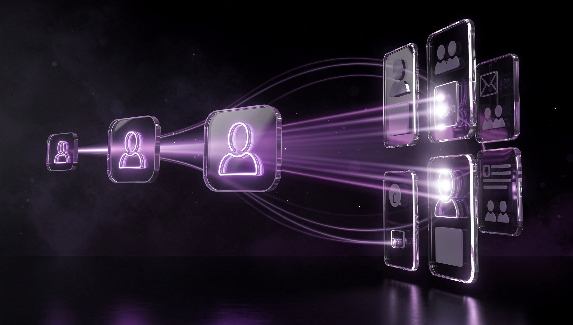 Lila 3D-Nutzerprofile verbunden mit personalisierten Content-Stroemen im Data-Driven Marketing