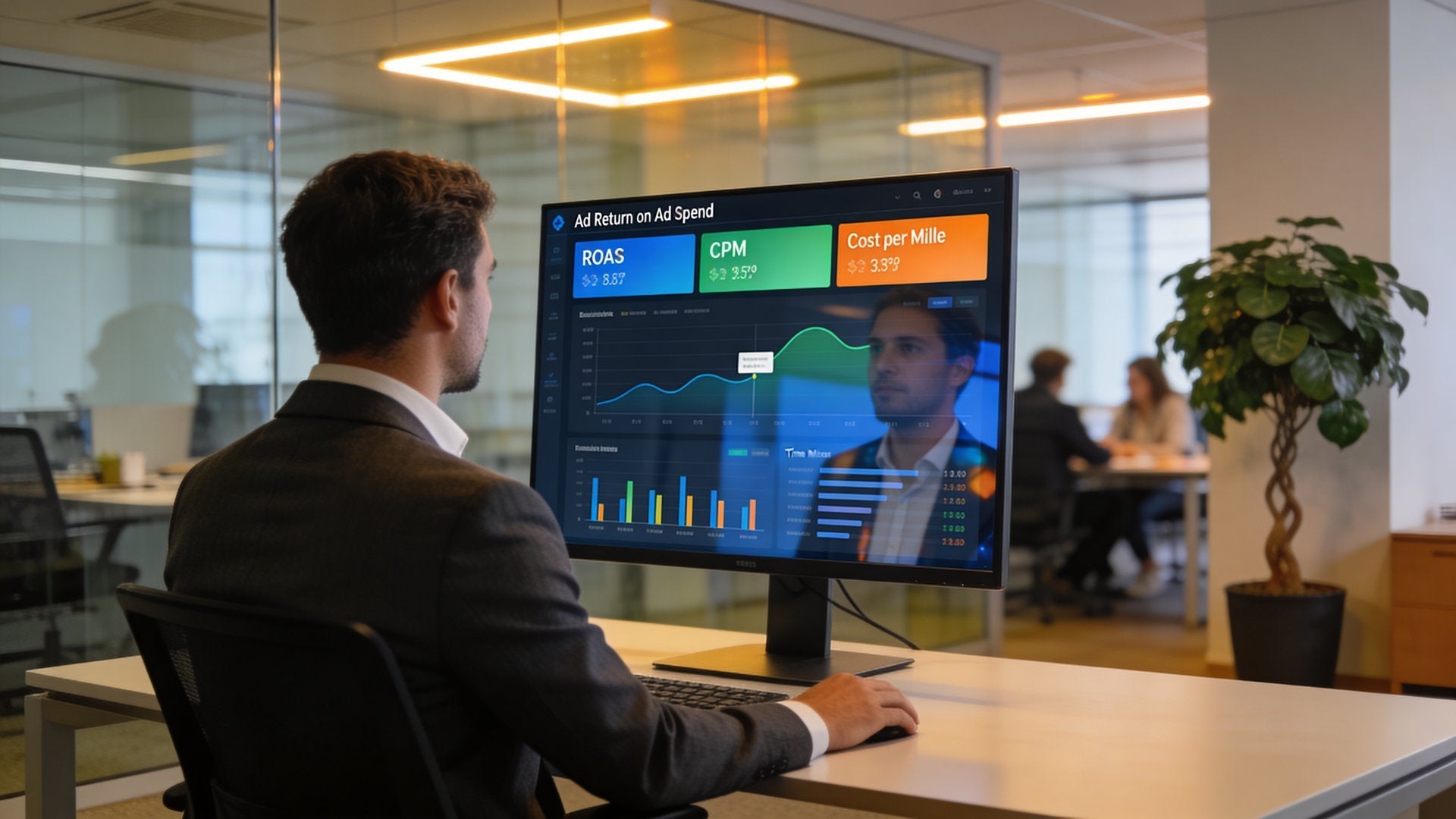 Paid Media Kampagnen-Dashboard auf grossem Monitor mit Performance-Charts im Buero