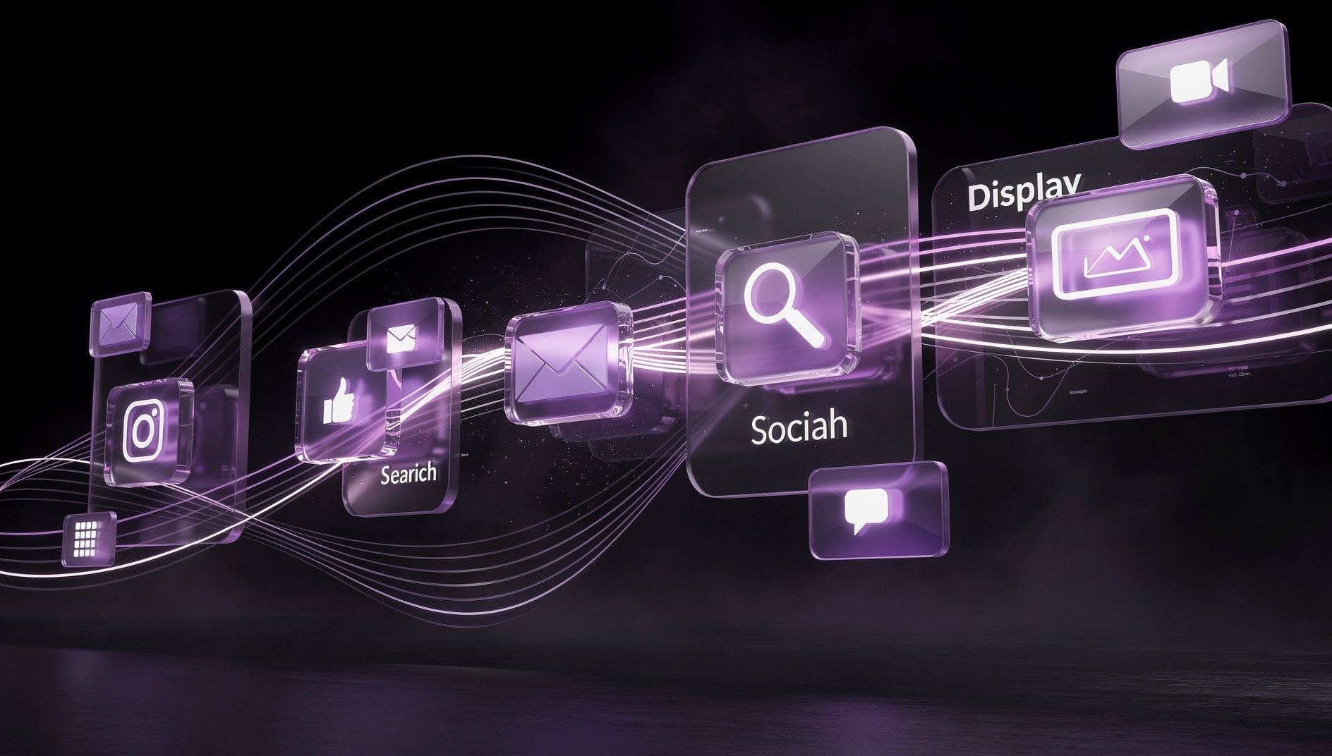 Lila 3D-Content-Pieces fliegen ueber mehrere Kanal-Icons als Demand-Generation-Multichannel