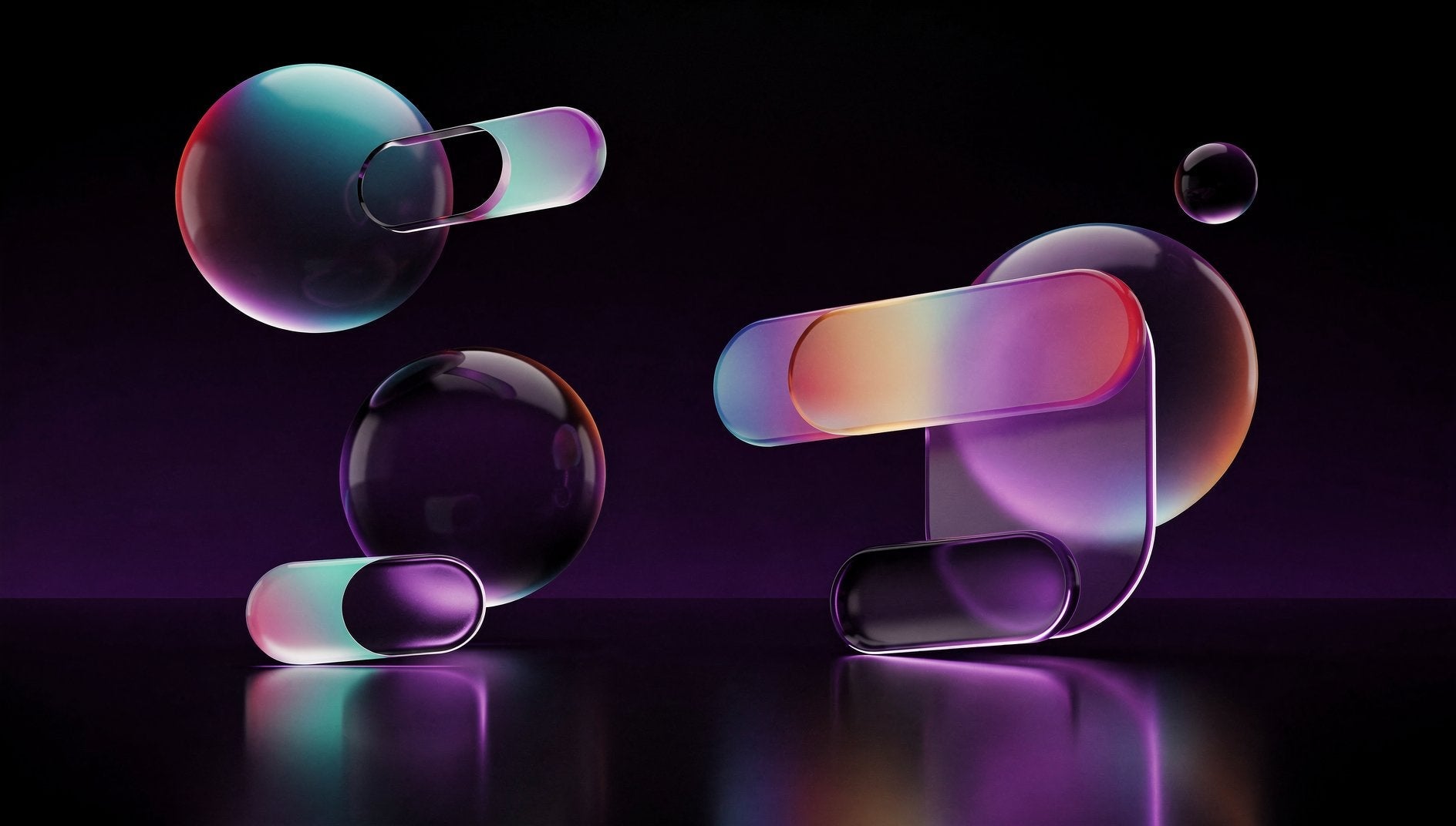 Lila 3D-Darstellung eines digitalen Markenidentitätssystems mit geometrischen Farbpaletten-Elementen