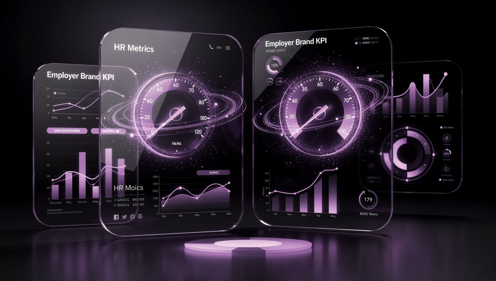 Lila 3D-Hologramm mit HR-Metriken und Employer-Branding-KPIs auf Tacho-Displays