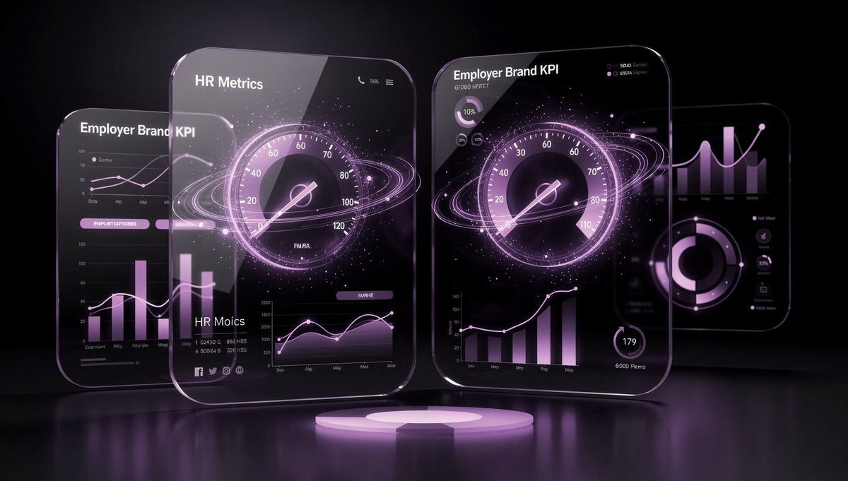 Lila 3D-Hologramm mit HR-Metriken und Employer-Branding-KPIs auf Tacho-Displays