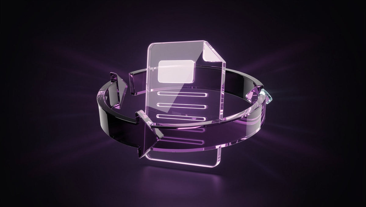 Lila 3D-Refresh-Zyklus mit rotierendem Pfeil um leuchtendes Content-Dokument für Content-Aktualisierung