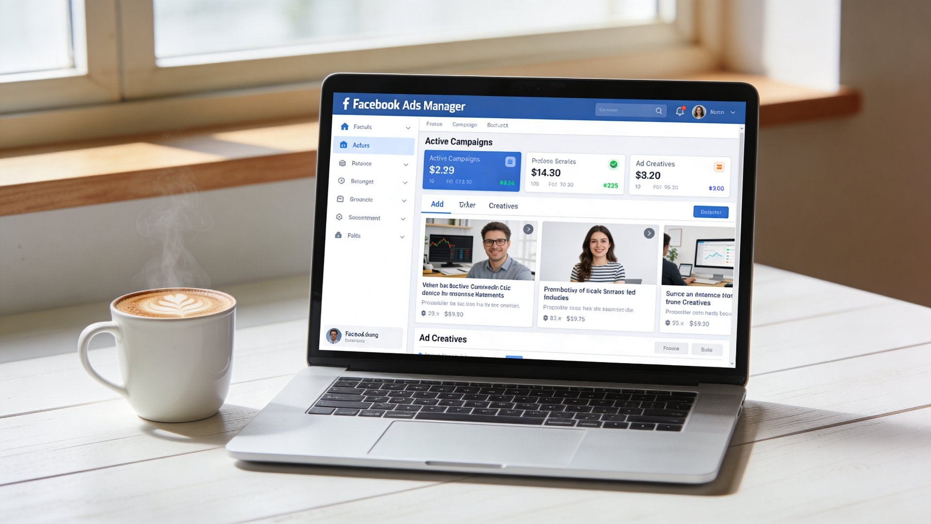 Facebook Ads Manager Dashboard auf Laptop in professionellem Büro