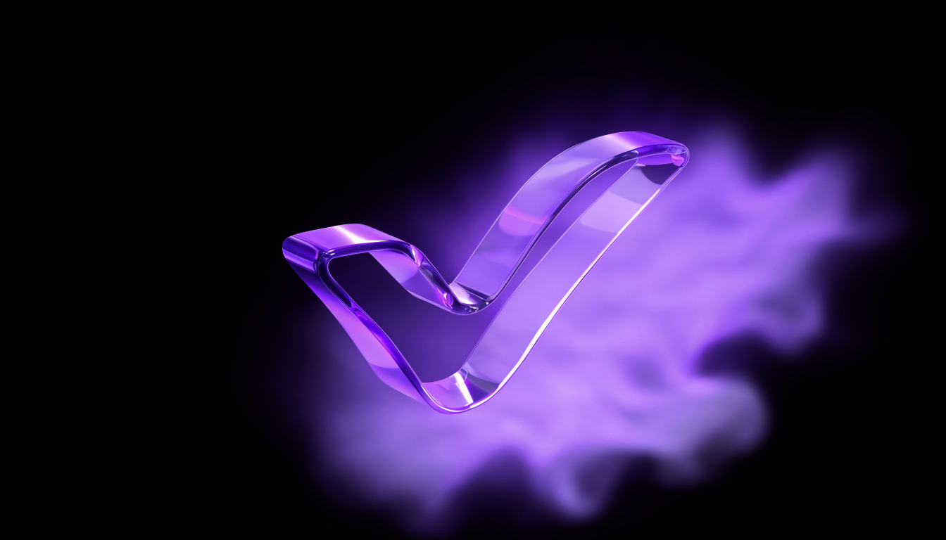 Lila-Glas Haken-Symbol auf schwarzem Grund als Zeichen für sauberen fehlerfreien HTML-Code