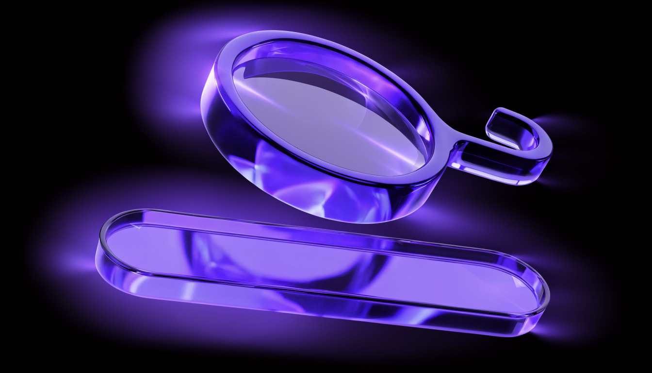 Lila-Glas Lupe über einer glänzenden Suchleiste als Symbol für Google Ads