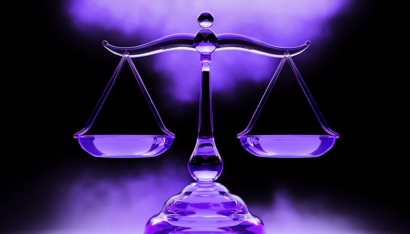 Lila-Glas Waage als Symbol für die Balance zwischen organischer und bezahlter Reichweite