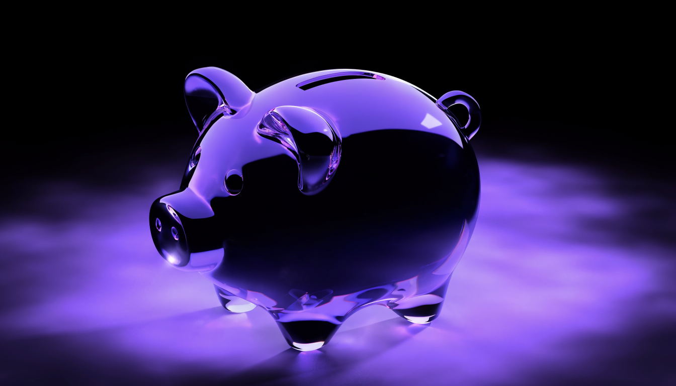 Lila-Glas Sparschwein mit Münzschlitz als Symbol für die Budgetplanung im Social Media Marketing