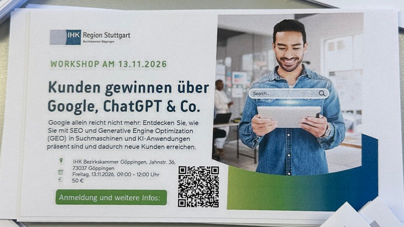 Flyer der IHK Region Stuttgart zum Workshop am 13.11.2026: Kunden gewinnen über Google, ChatGPT & Co.