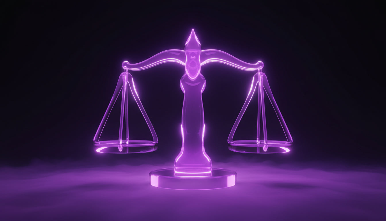 Lila-Glas Waage als Symbol für die Balance zwischen Neugier und Substanz bei Clickbait