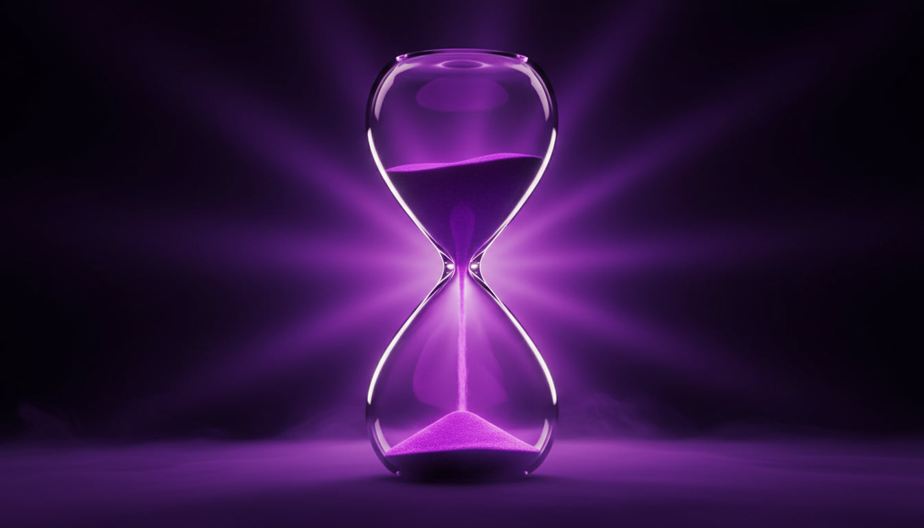 Lila-Glas Sanduhr als Symbol für Zeitersparnis und Kosten beim professionellen Prompt Engineering