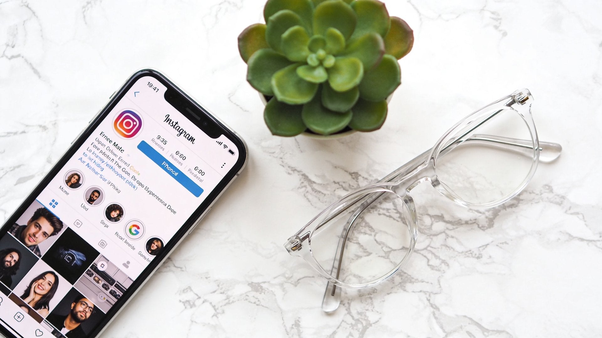 iPhone mit Instagram-App auf weißem Marmortisch neben Pflanze, sauberes modernes Setup